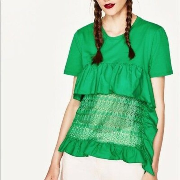 Zara Tops - Zara Kelly Green Layered Lace Tie Shirt